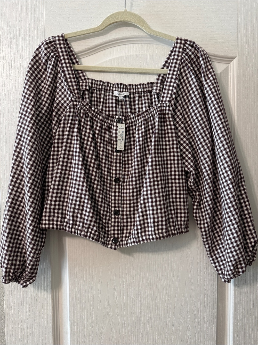 Madewell Large NWT Women's Brown Gingham Button-Front Peasant Top